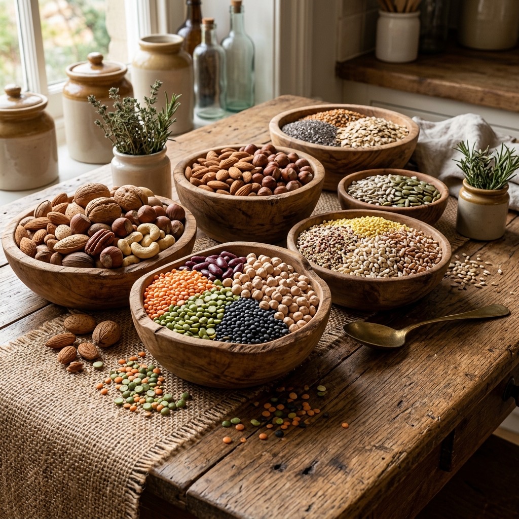 Premium pulses, grains, and nuts in wooden bowls